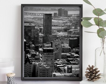Leonard Cohen Mural Montreal photography - Cityscape from above - Black and white urban photography - Black and white large wall art poster