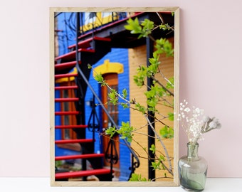 Colorful houses art print - Montreal photography - Colorful cities wall art - Plateau Mont-Royal - Home office decor - Spring budding trees