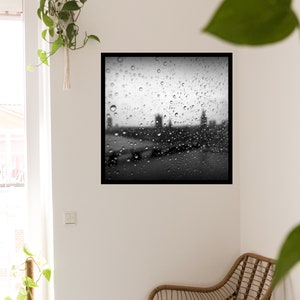 Black white London wall art print Raindrops macro photography Big Ben London Parliament Westminster Bridge Wall art London Rain image 6