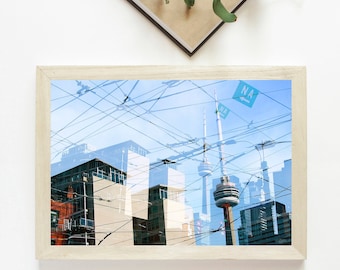 Toronto CN tower - Street car lines - Cityscape photography - Double exposure - Original wall decor - Industrial decor - Architecture travel