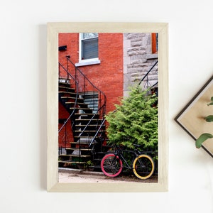 Montreal photography Bicycle art print Christmas gift for him Colorful house art print Bicycle city poster Colorful office decor image 1