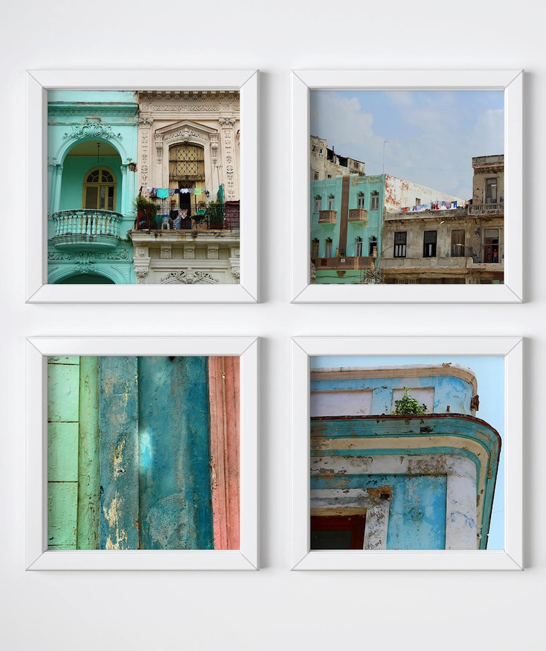 Colorful home decor Large travel wall art Cuba photography Havana photography Gallery wall decor Havana print set Square prints