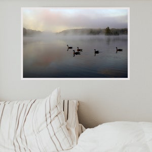 Oies sur lac dans le brouillard - Photographie Québec en noir et blanc - Photo paysage noir et blanc - Entrelacs - Décor minimaliste