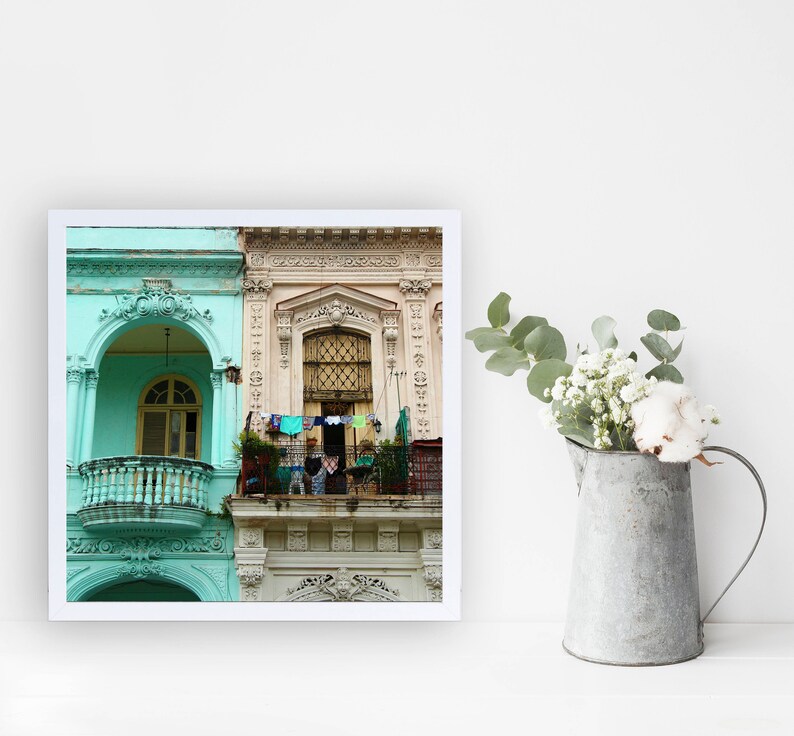 Havana photography Cuba photography Havana print Laundry wall art Turquoise house Laundry room Hanging linen Home office decor image 1