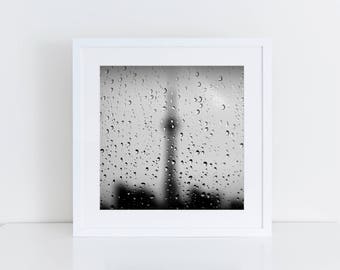 Skyline of Raindrops - Square fine-Art print - Toronto photography  - Urban Print - CN tower - Raindrops - Macro - Black & White