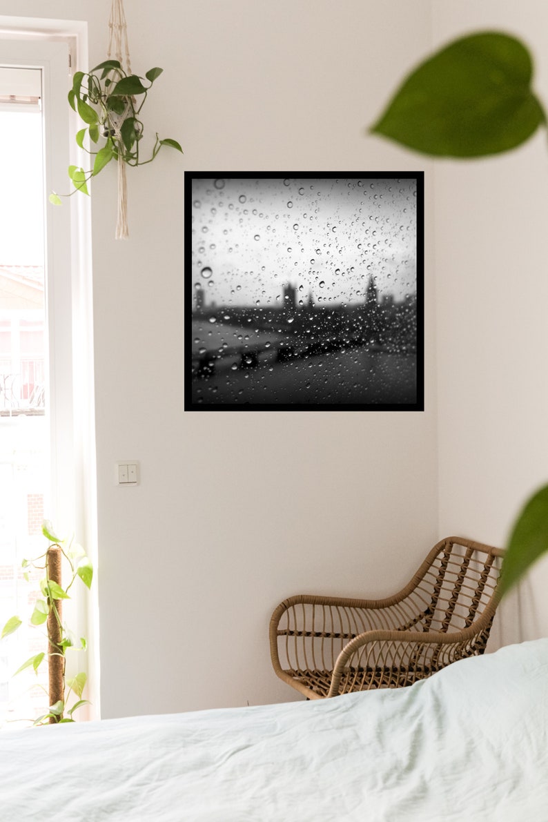 Black white London wall art print Raindrops macro photography Big Ben London Parliament Westminster Bridge Wall art London Rain image 6