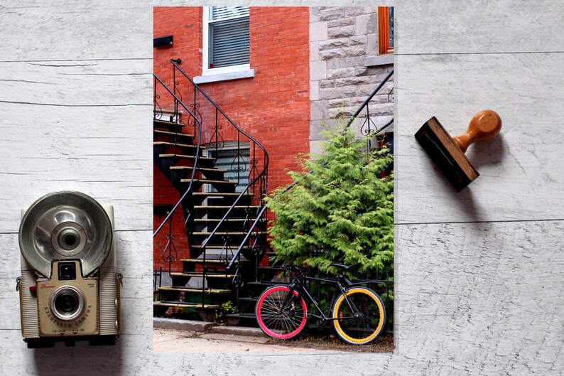 Montreal photography Bicycle art print Christmas gift for him Colorful house art print Bicycle city poster Colorful office decor image 2