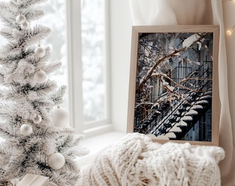 Montreal Black & White Winter Photography Print: Montreal Plateau Staircases in Snow, Custom Travel Poster