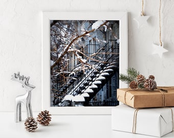 Black & white Montreal photography - Snowy winter wall poster - House portrait art print - Architecture photography - Winter on the Plateau