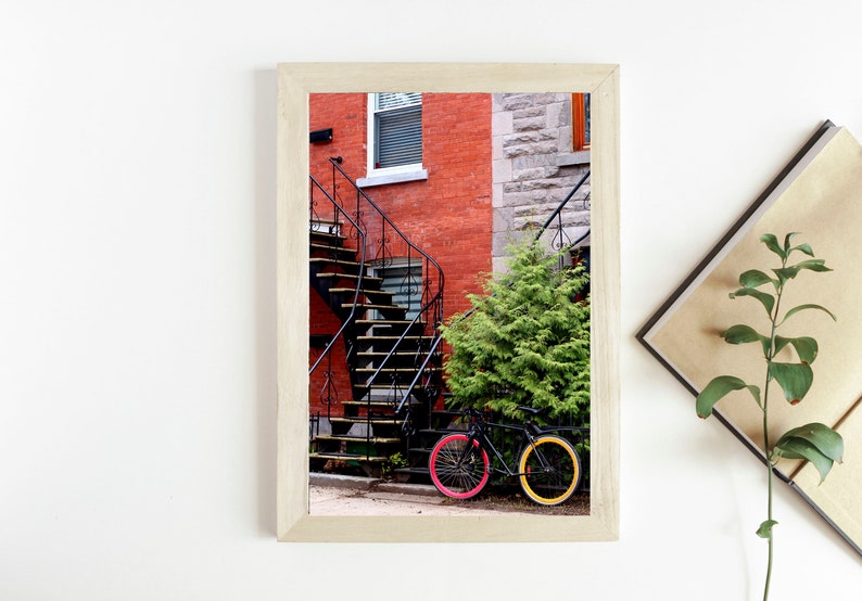 Montreal photography Bicycle art print Christmas gift for him Colorful house art print Bicycle city poster Colorful office decor image 1