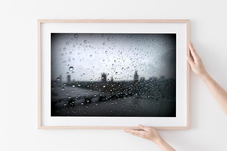 Black white London wall art print Raindrops macro photography Big Ben London Parliament Westminster Bridge Wall art London Rain image 5