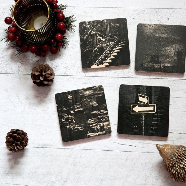 Artisanal wood coasters - Host hostess gift - Christmas gift set - Montreal Quebec City Toronto travel photography - Festive foodie gift