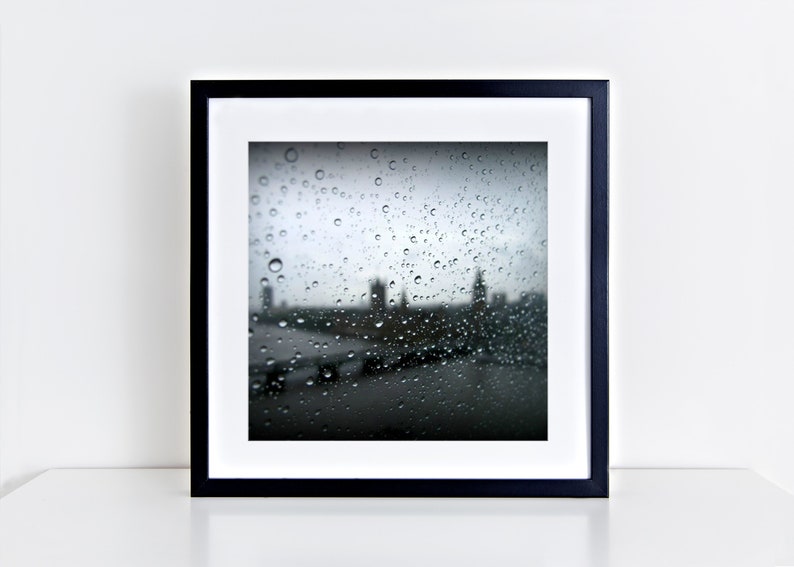 Black white London wall art print Raindrops macro photography Big Ben London Parliament Westminster Bridge Wall art London Rain 8x8 inches