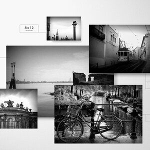 May include: Black and white photo collage featuring various scenes of Venice, Italy. The collage includes a view of a canal with a bicycle, a tram travelling down a narrow street, and a view of the city skyline.