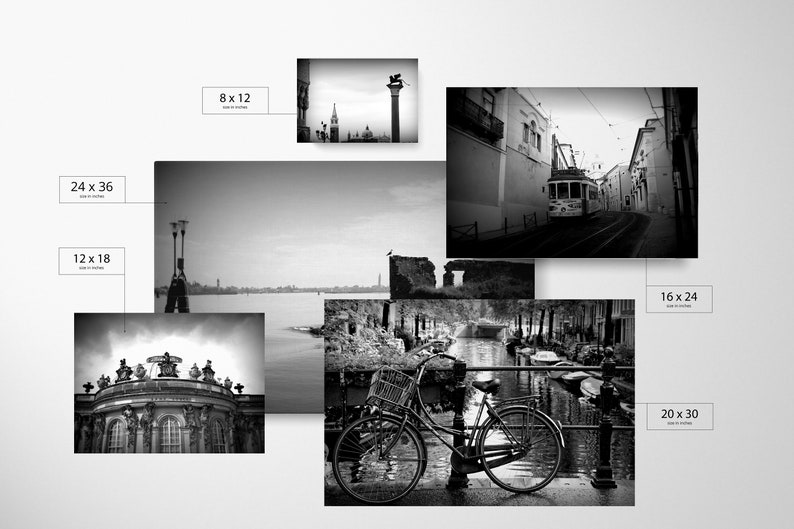 May include: Black and white photo collage featuring various scenes of Venice, Italy. The collage includes a view of a canal with a bicycle, a tram travelling down a narrow street, and a view of the city skyline.