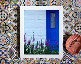 Montreal photography - Colorful house portrait - Blue door photography - Housewarming gift - Colorful wall art -  Door with lavender flowers