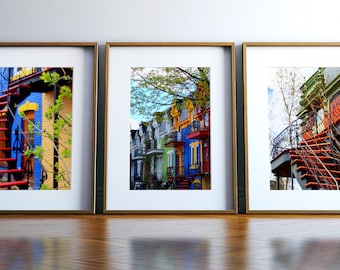 Montreal photography - Montreal staircases - Spring photography - Architecture wall art - Colorful houses - Montreal trio - Gallery wall set