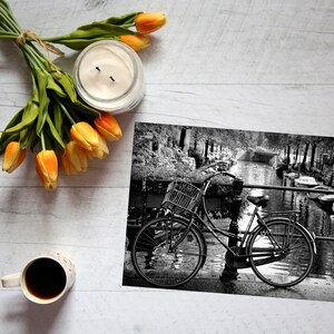 May include: Black and white photograph of a bicycle parked on a bridge over a canal. The bicycle has a basket on the front and is leaning against a railing. The canal is lined with trees and buildings.