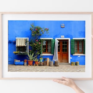 Art mural coloré - Photographie Burano Venise Italie - Maison bleue - Maisons colorée - Ville bleue - Décor salle de lavage ou salle de bain