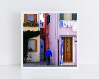 Burano Venice colorful houses photography - Italy travel poster - Laundry room decor - Pink house hanging laundry print - Giclee art print