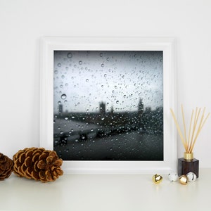 Black white London wall art print Raindrops macro photography Big Ben London Parliament Westminster Bridge Wall art London Rain 12x12 inches