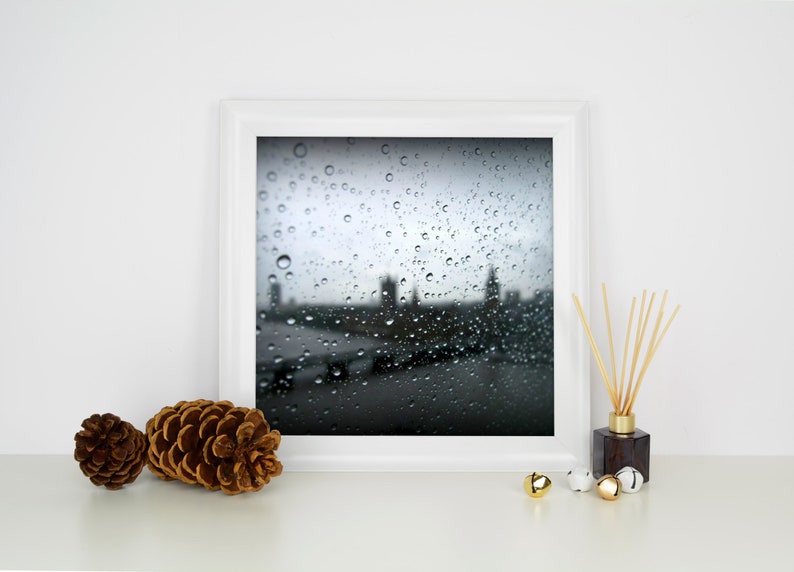 Black white London wall art print Raindrops macro photography Big Ben London Parliament Westminster Bridge Wall art London Rain 12x12 inches