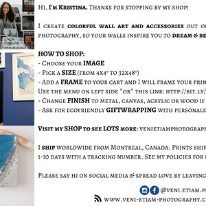May include: A woman stands in front of a wall display of framed photographs. The text reads "Hi, I'm Kristina. Thanks for stopping by my shop! I create colourful wall art and accessories out of my travel photography, so your walls inspire you to dream & be mindful. How to shop: Choose your image. Pick a size (from 4x4" to 32x48"). Add a frame to your cart and I will frame your print for you: Use the menu on left side *or* this link: http://bit.ly/veframes Change finish to metal, canvas, acrylic or wood if you prefer. Ask for ecofriendly giftwrapping with a personalised note. Visit my shop to see lots more: venietiamphotography.etsy.com I ship worldwide from Montreal, Canada. Prints ship out within 1-10 days with a tracking number. See my policies for details. Please say hi on social media & spread love by leaving a review! @veni.etiam.photography www.veni-etiam-photography.com/theblog"