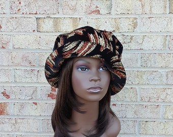 Black Velvet Casual Hat With Gold and Orange Glittered accents