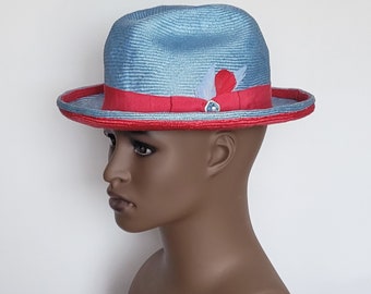 Men's Baby Blue and Red Fedora hat with two-tone brim Parasisal Straw