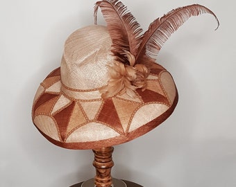 Ladies Beige Fedora Hat with brown accents.