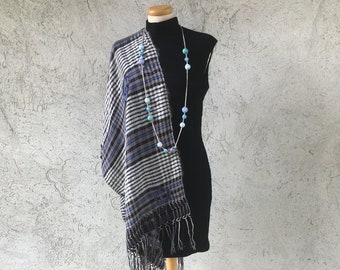 SPIRAL stole, silk and kid mohair, TARTAN check with embroidered motifs and hand weaving.