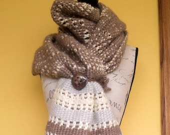 NATURAL alpaca and wool scarf with raku ceramic button, handwoven