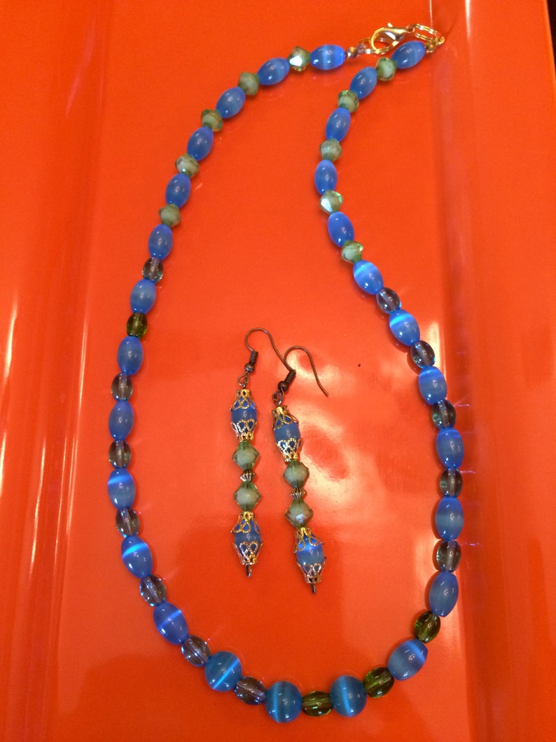 Fashion Jewelry Necklace and Earring Set Blue Opal with Thermoset Accents