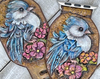 Genuine Leather Watch Band, Hand Tooled Blue Bird, Apple, Galaxy, Smartwatches