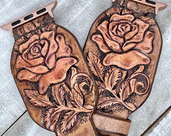 Genuine Leather Watch Band, Hand Tooled Roses, Apple, Galaxy, Smartwatches