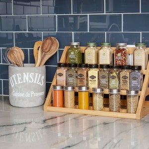 Spiceluxe Bamboo Tiered Rack 2 Size Options Spice Organizer for Counter or  Cabinets Spice Jars Not Included Assembly Required 