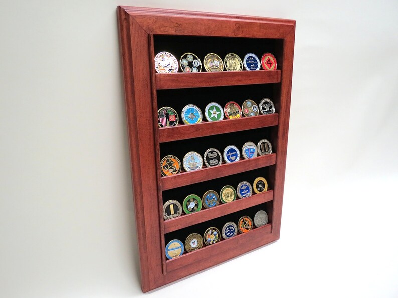 Military Challenge Coin Display Case Wall Rack, Cherry Oak or Walnut image 2