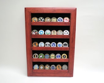 Military Challenge Coin Display Case Wall Rack, Cherry Oak or Walnut