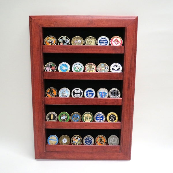 Military Challenge Coin Display Case Wall Rack, Cherry Oak or Walnut