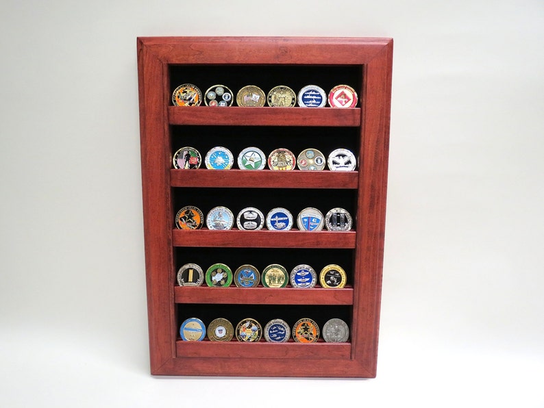 Military Challenge Coin Display Case Wall Rack, Cherry Oak or Walnut image 1