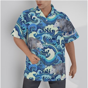 Possum Shirt for Men, Wave Print Hawaiian Button Up Shirt for Man, Watercolor Possums, Possum Gift