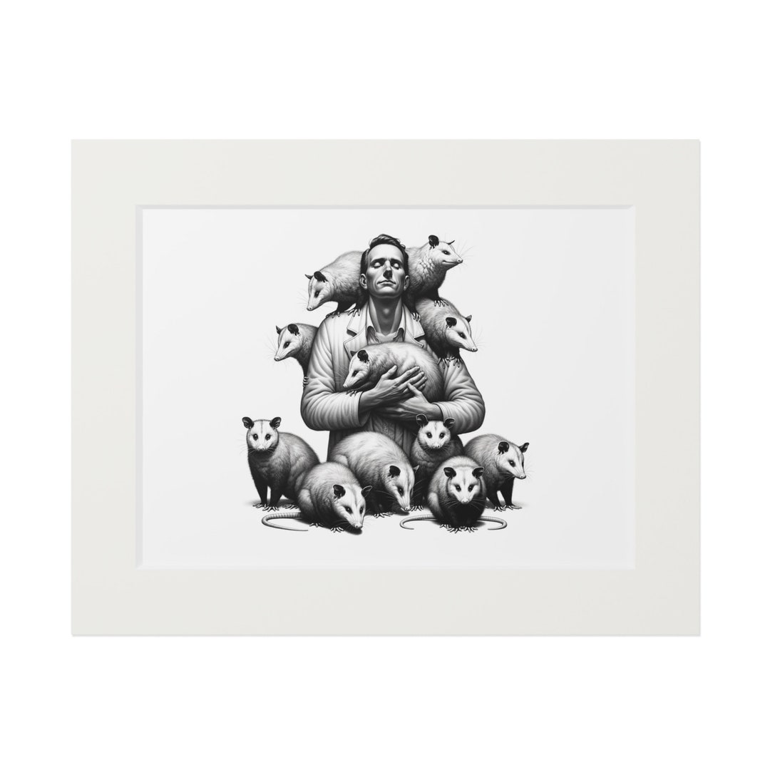 Black and White Animal Framed Art Print, Opossum Art, Man With Wild