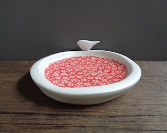 Clay Ring Dish with Tiny Bird, Small White Trinket Bowl with Red Flowers, Jewelry Dish, Small Gift for Her, Bird Lover Gift