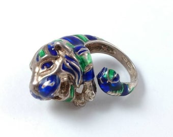 Tiger Ring - Silver Jewelry  - Vintage - 925 - One Size - Animal - Blue and Green
