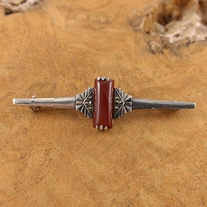 Art Deco Bar Brooch - Carnelian Red Stone  - Pyrite Stones - Antique Silver Jewelry