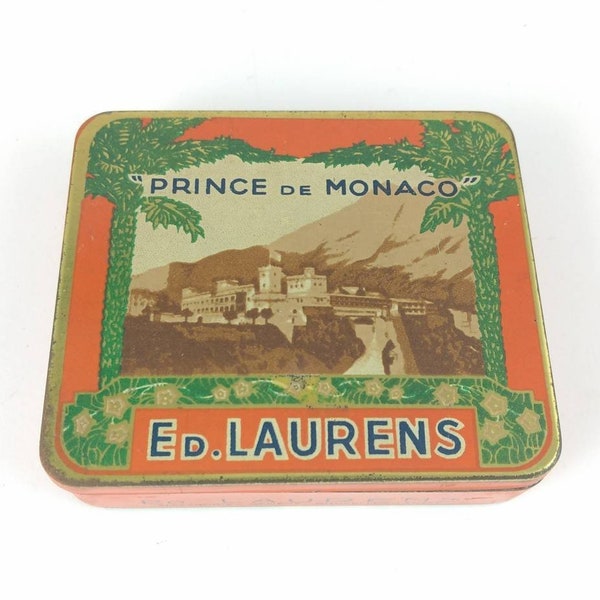 ED LAURENS "Prince De Monaco" Vintage Tabacco - 1930s - Cigarette tin box - Collectible - Orange - Green - Palm Trees