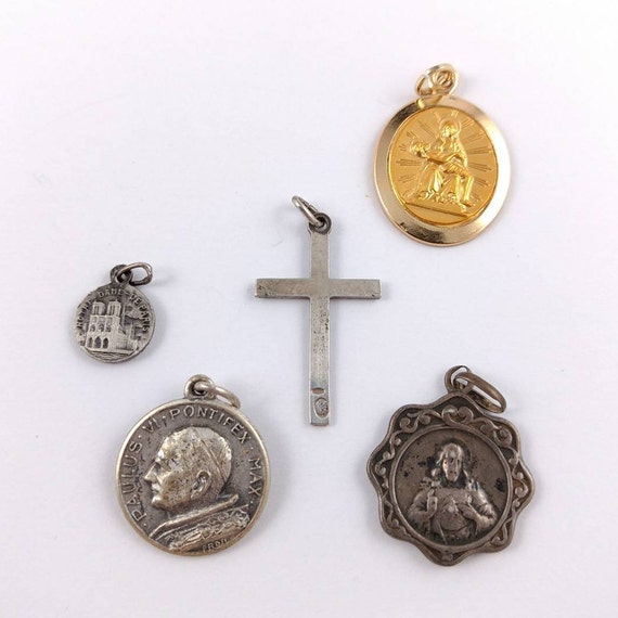 Antique Reliquary Medal Pendants - Silver Cross p… - image 2