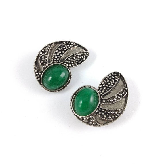 Big Clip On Earrings - Green and Silver - Glass S