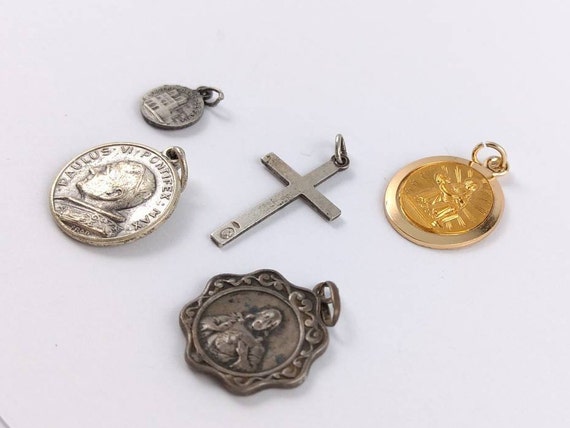 Antique Reliquary Medal Pendants - Silver Cross p… - image 4