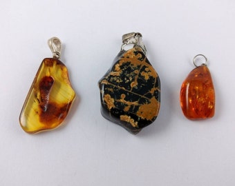 Amber And Stone Pendants - Honey Amber - Yellow Stone - Set of 3 - Nature Inspired Necklace - Vintage Jewelry